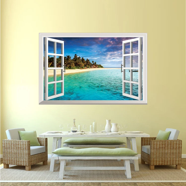 room decor large 3d sea beach scenery view pvc window decorative wall sticker
