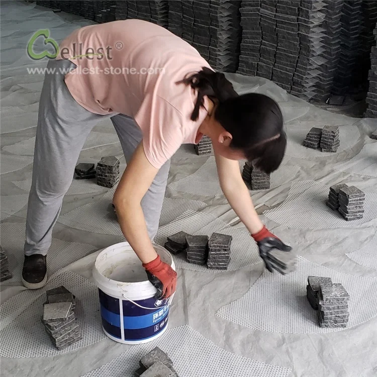 g684 fan shape black granite black basalt cobble on mesh for patio driveway paving