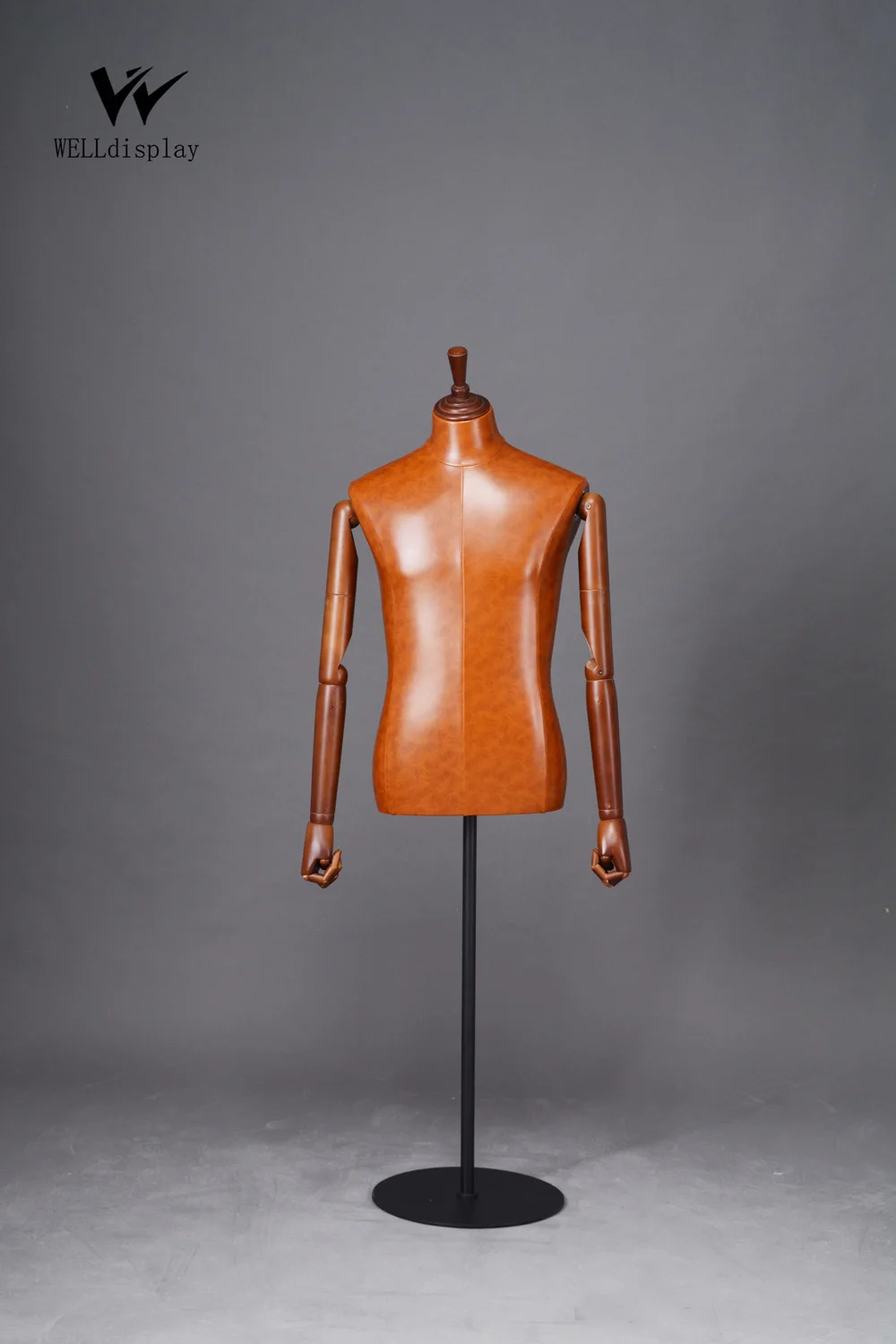 BROWN LEATHER MALE BUST, MALE TAILORING MANNEQUIN TORSO WITH WOODEN ARMS
