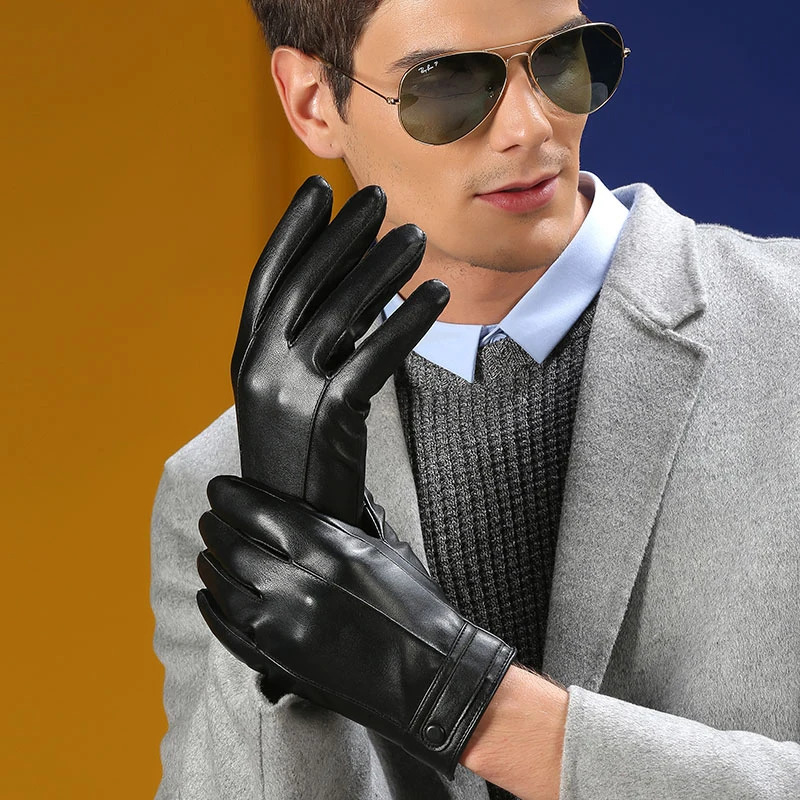 Экологичные теплые мужские перчатки из натуральной кожи для вождения с сенсорным