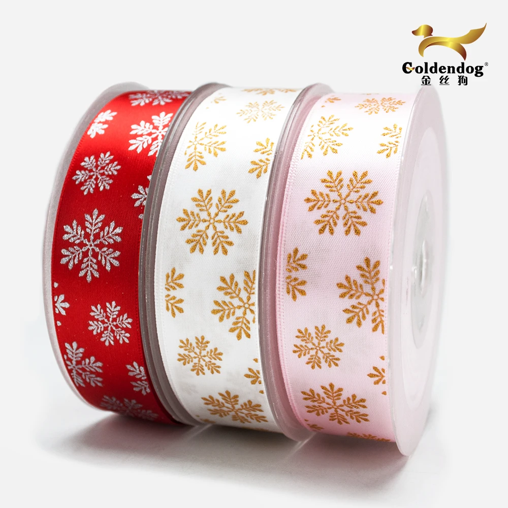 Manufacturer of single face red polyester ribbon satin christmas printed sliver and gold snow ribbon 25mm