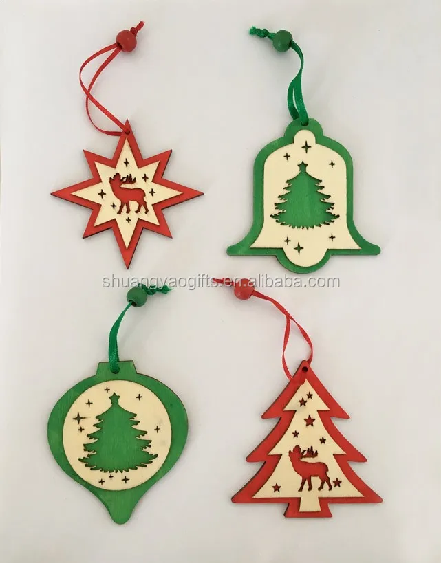 Wooden laser reindeer and tree pattern christmas hanging ornaments for XMAS tree home decoration