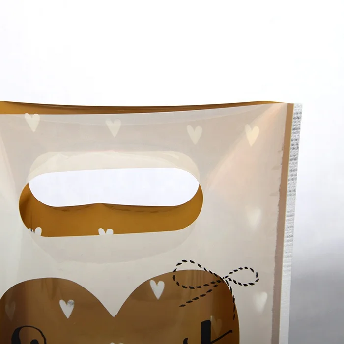 Custom cosmetic pouch die cut gold foil gift silver back handle plastic bag with bottom gusset metallic reusable shopping bag