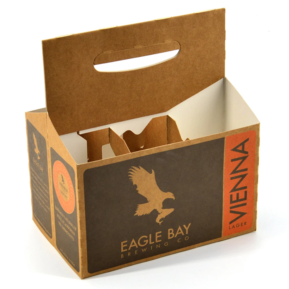 Custom Print 6 Wine Bottle Beer Packaging Corrugated Carrier Box Takeaway Six Pack Beer Box With Handle