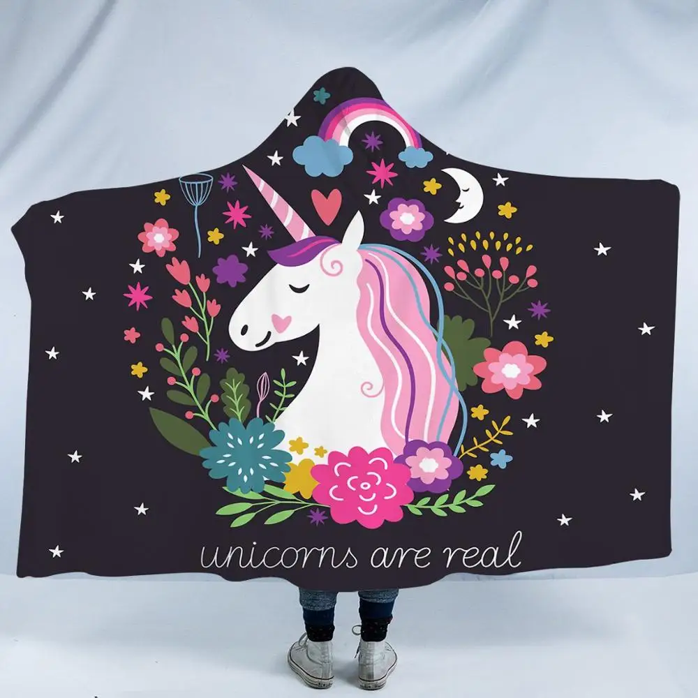 factory  unicorn custom logo indoor warm for adult kids  digital printing polar fleece sherpa double thick hooded blanket