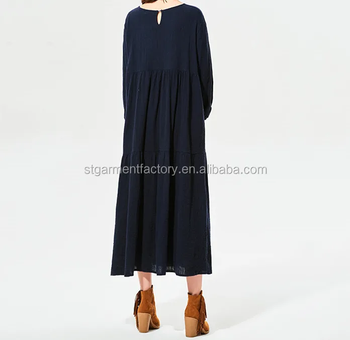 Fashion Maxi Robe Dress Navy Long Sleeve Embroidery Straight Dresses Boho Style Plus Size Clothes STb-0664