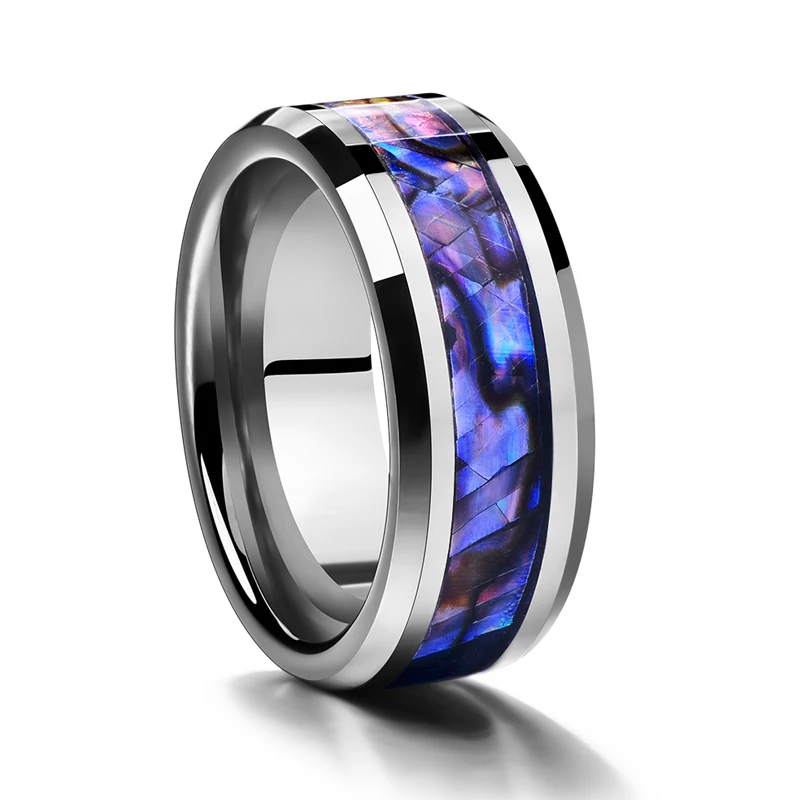 Wholesale 8mm IP Black Inlaid Shell Opal Dome Wedding Bands Tungsten Steel Rings For Men Jewelry