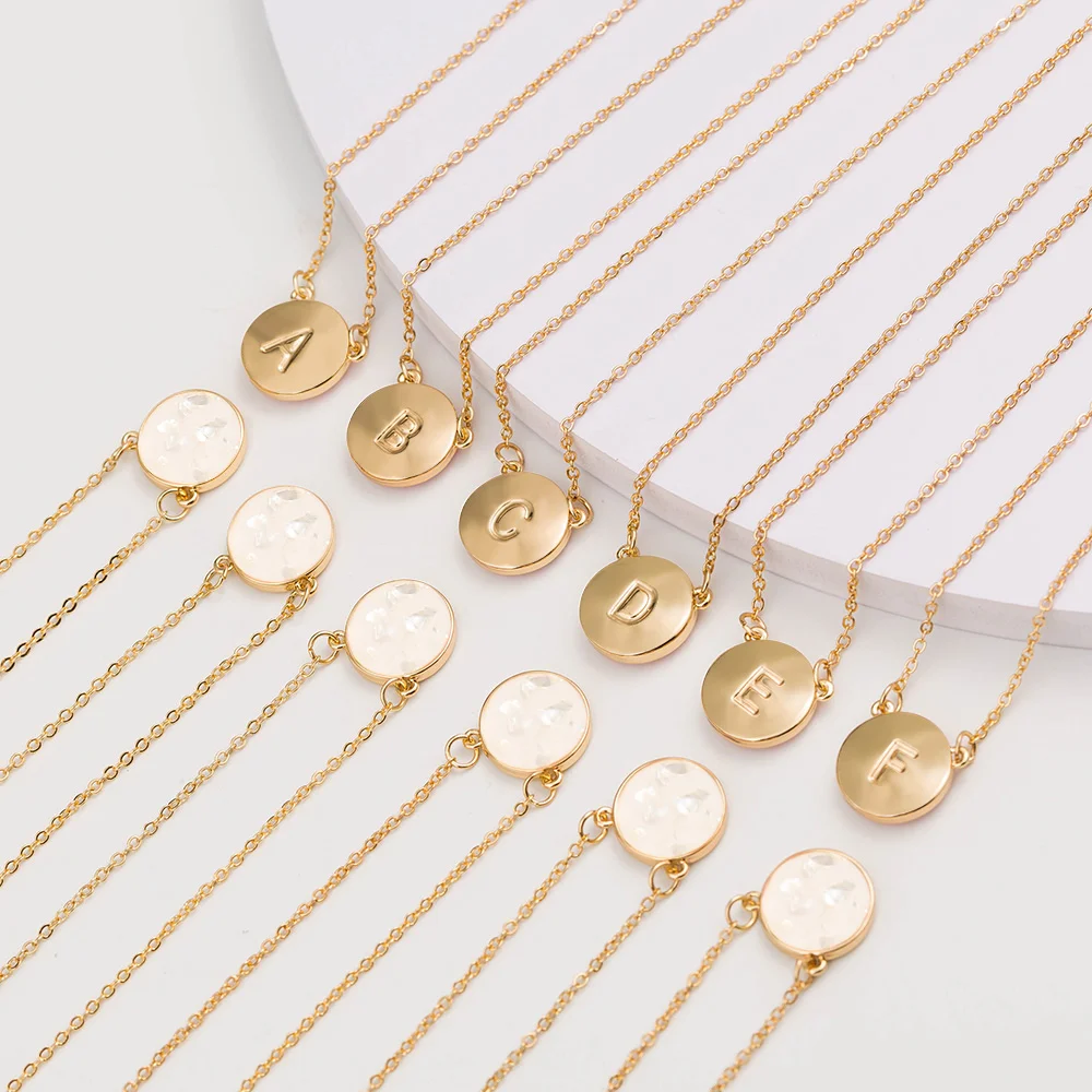 A-Z Gold Silver Coin Initial Choker Necklace Pink Enamel Seashell Pendant Necklaces For Women Jewelry
