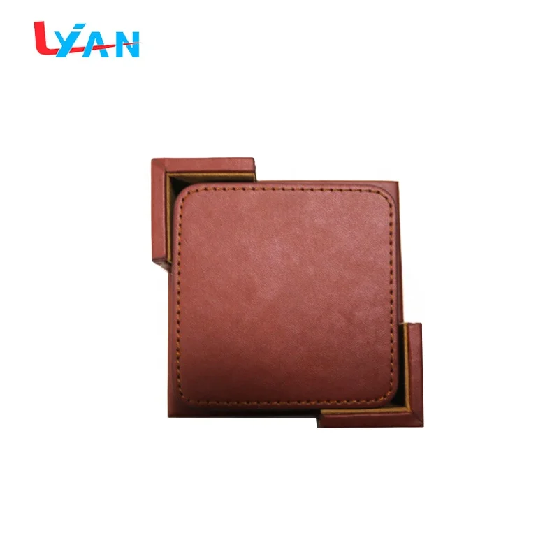 6 Pcs Square Pu Double-deck Leather Coasters Set Placemat of Cup with Coaster Holder