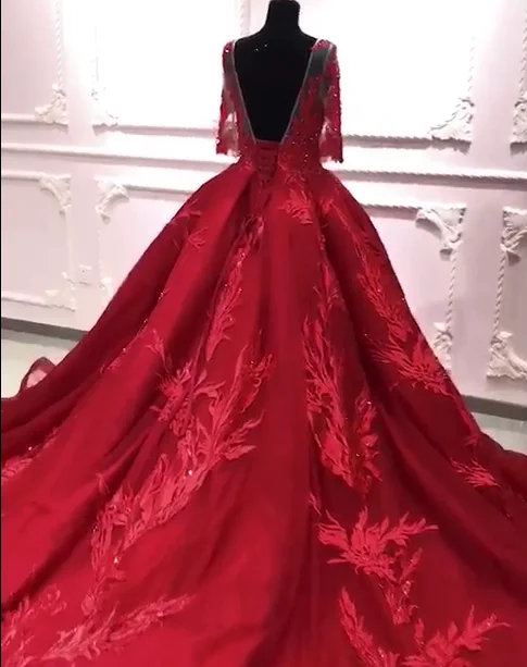 Red Wedding Dresses new Elegant Ball Gown Wedding Dresses 3/4 Sleeves Luxury Heavy Beaded Bridal Gowns Bridal Dresses