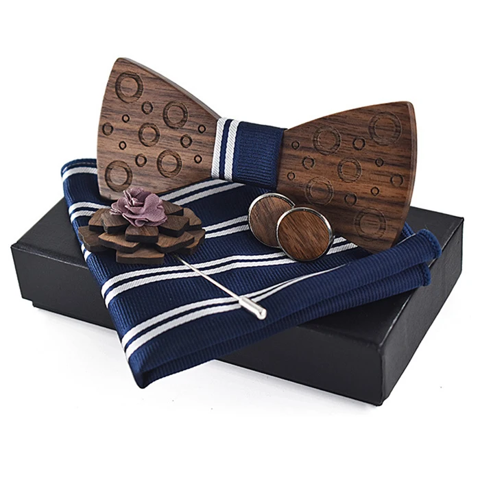 Cheap Brooch Pin Bow Tie Custom Collar Mens Boy Gift Box Wood Bowties and Hanky Sets One Wood Tie