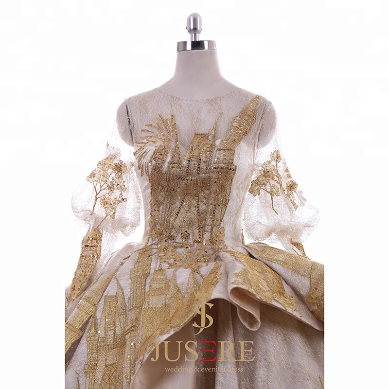 Charming Luxury Middle East Muslim Gold Ball Gown Castle Wedding Dresses Bridal Gown With Long Train in Turkey Dubai