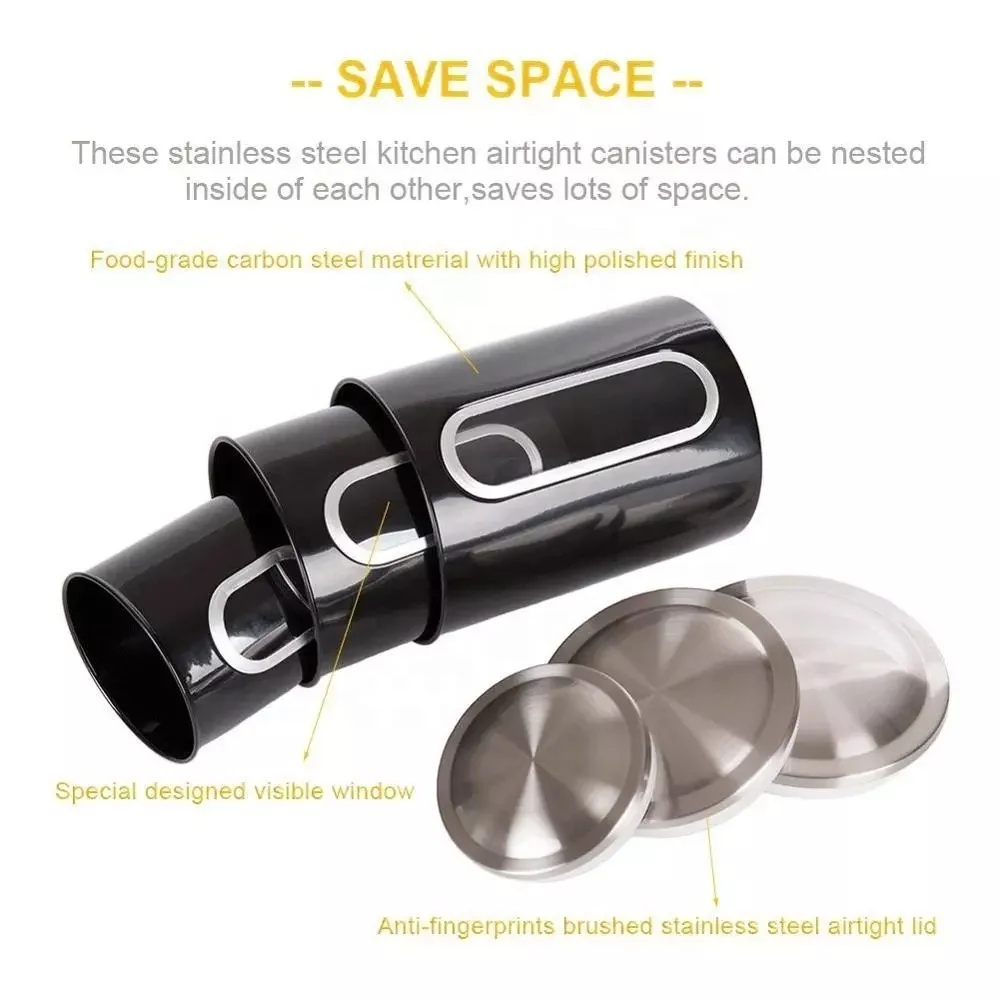 Wholesale metal food safe tea sugar coffee storage airtight kitchen stainless steel window canister set