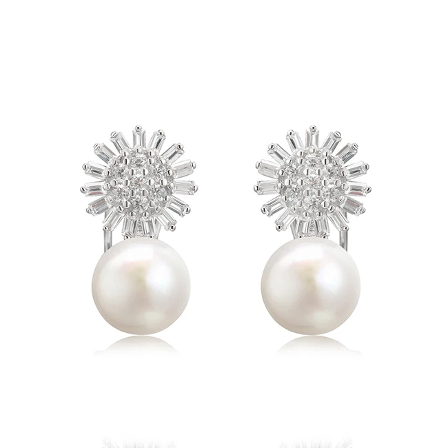 White gold color natural freshwater 925 sterling silver pearl earrings