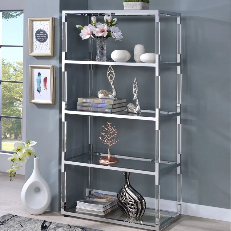 Современный и современный прозрачный акриловый и золотой книжный шкаф с 5 полками