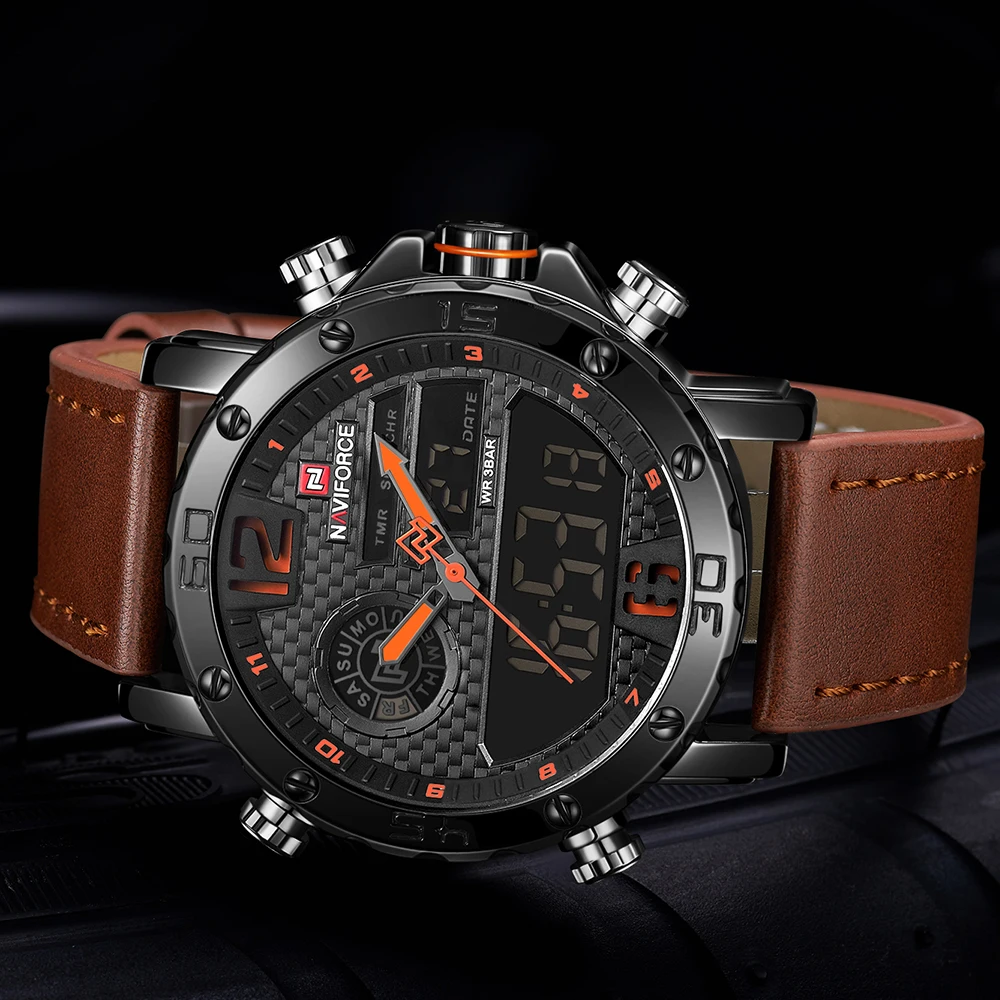 NAVIFORCE 9134 Men Watches Top Brand Luxury Original Sport Watch Leather Strap Waterproof Miliary Dual Display Wrist watch Clock
