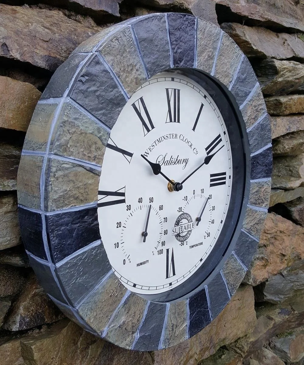 
14 inch Faux Stone Outdoor garden Wall Clock with thermometer and HYGROMETER 
