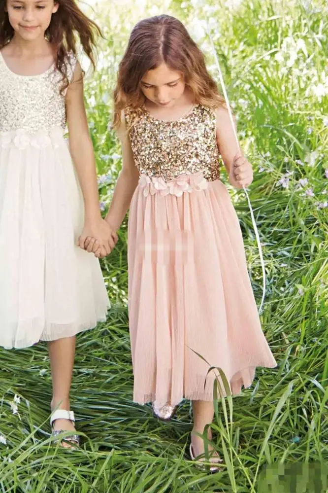 ZH0841X 2019 Blush Flower Girls Dresses Gold Sequins Hand Made Flower Sash Tea Length Tulle Jewel A Line Kids Formal Dress