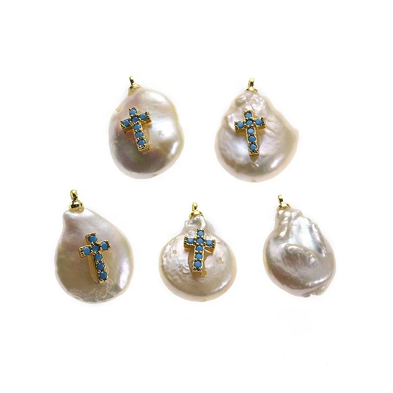 
DIY Beads Gold Plated Cubic Zirconia Micro Pave Pave Freshwater Pearl Coin Cross Pendant Charm For Jewelry Making 