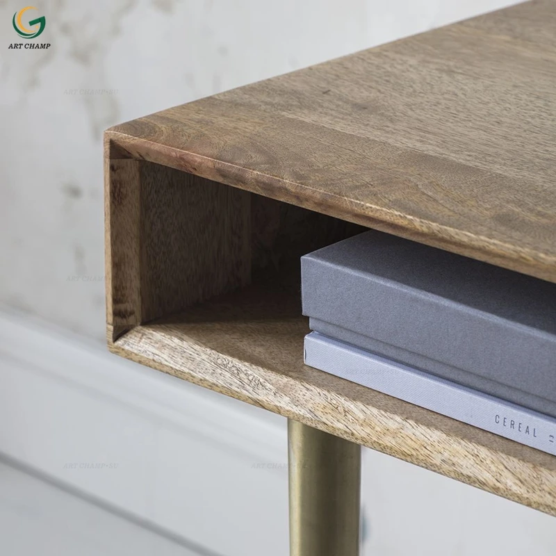 Современный стол-консоль с цементным выдвижным ящиком, под античное дерево, с латунными ножками