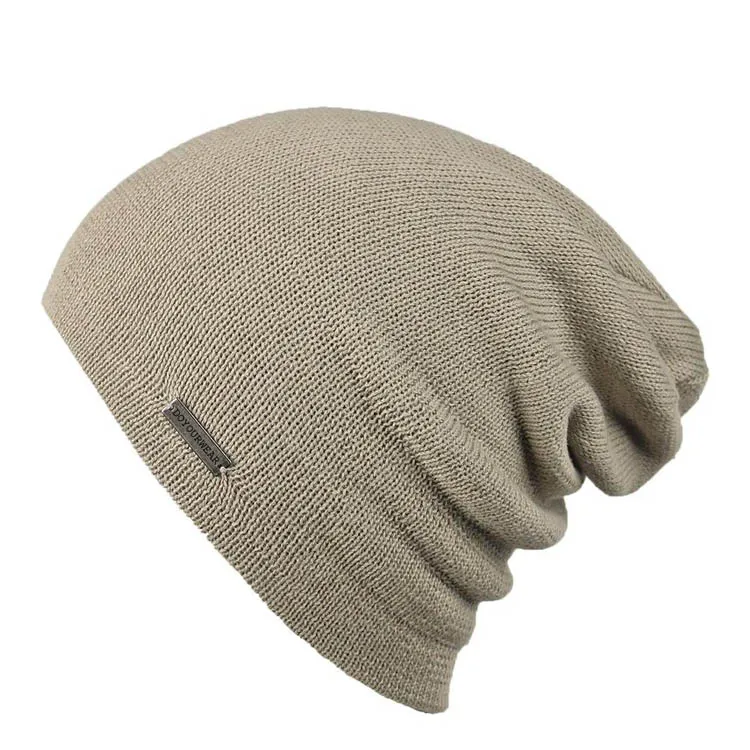 Metal logo merino wool slouch knitted beanie hat