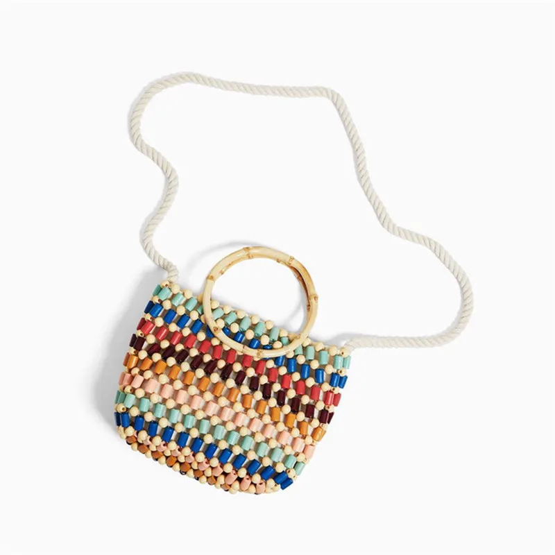 New Arrive Colorful beads woven beach bag shoulder bag crochet tote wooden beads bag for woven