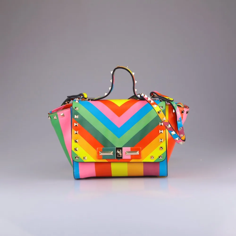 3759 Wholesale China Fashion beautiful rainbow printing high quality ladies PU leather mini satchel bags