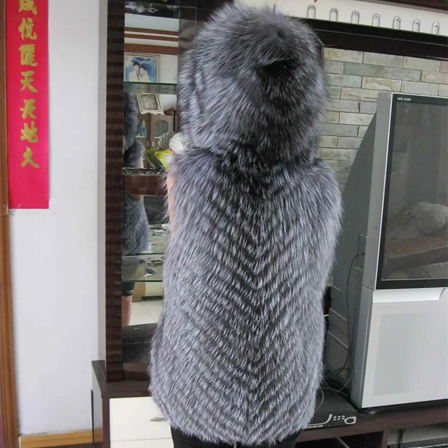 
High Quality Women Genuine Silver Fox Fur Vest with hood 