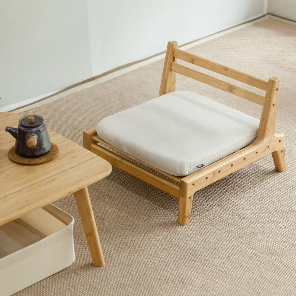 BAMBOO Floor Seat Chair for Living Room Japanese Balcony Chair with Cushion Accent Furniture