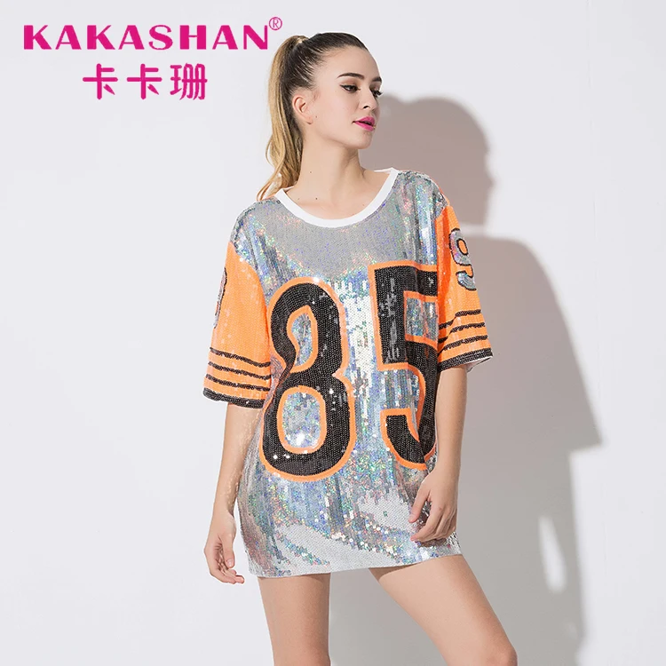 
New Female Half Sleeve Sequins T Shirt Hip Hop Dance Costumes 