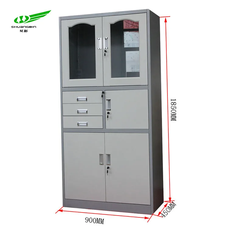 Model designed white glass cabinet door lock/office steel cupboard with 3 drawers and 2 glass doors/cupboard