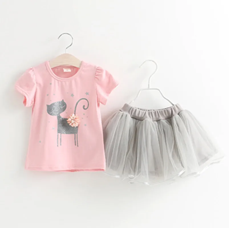 Hao Baby Europe And America Girl Children Wear Cat Cartoon Short Sleeve  Kid Skirt Dress