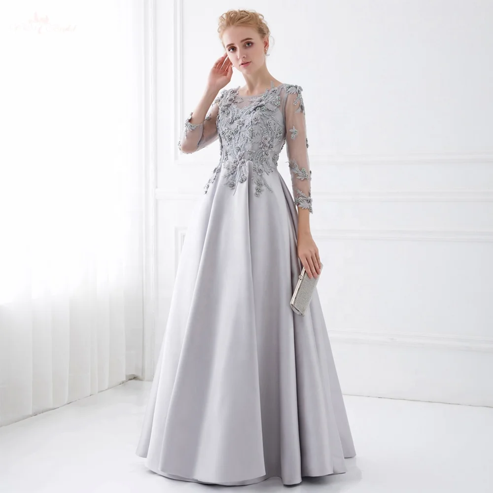 TE018 3D Flowers Beaded Silver Gray Satin Evening Dress Long Sleeve Prom Dress Arabic Evening Dress
