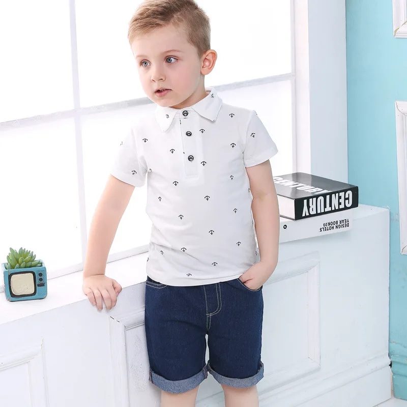 online hot selling kids clothing summer leisure sea anchor POLO shirt short-sleeved T-shirt casual jeans set 2 sets