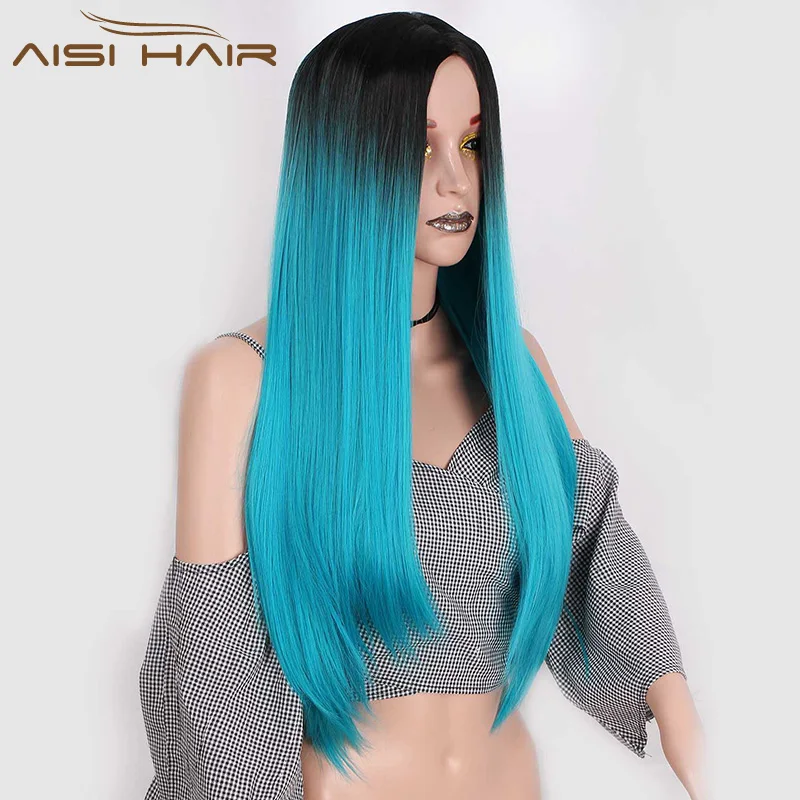 Aisi Hair Hot Selling Long Silky Straight Ombre Blue Color Wig Cheap Synthetic Cosplay Wigs For Black Women Heat Resistant Fiber
