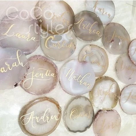 Cocostyles personalized customized blank beautiful white agate guest name cards with handwriting for aesthetic wedding party