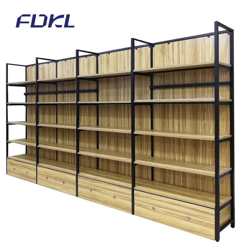 Manufacture wooden steel Board whisket display gondola wall shelves For Supermarket