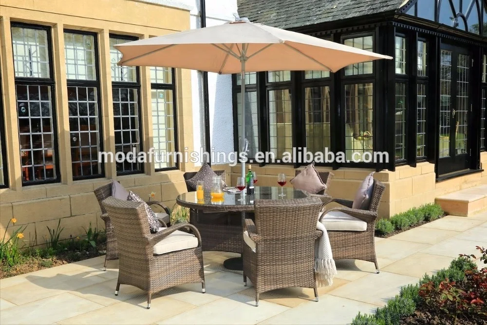 Moda уличный Плетеный Круглый садовый набор мебели стеклянный обеденный стол и стулья