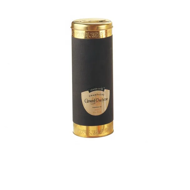 Wholesale custom printed gift bottle cylinder gold black metal luxury wine tin box