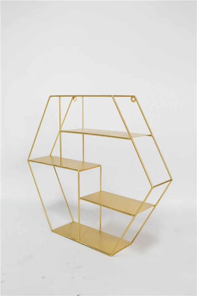 Newest Design Wood and Metal Hexagon Rack Metal Wall decorative Shelf with 4 Shelves for Living Room