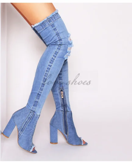 denim boots Over the knee Cut-out women Long Boots High Heels Sexy Thigh High Boots Jeans Denim Rome peep toe Sandal