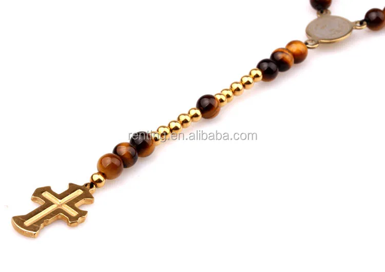 Rosary Jewelry Necklace Gold Stainless Steel Bead and Cross Gemstone Men and Women Necklaces Tiger Eye JNK9198 Renting CN;ZHE