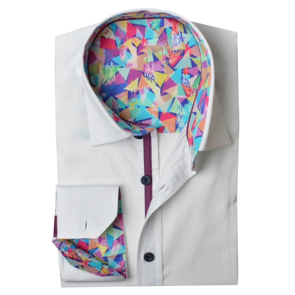 Tailored made casual  design cotton white paisley printed trim contrast color mens long sleeve shirt