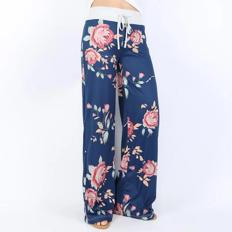 
wholesale custom Comfy Casual wide leg Pajama Pants Floral Print Drawstring Palazzo Lounge ladies beach Pants for womens 