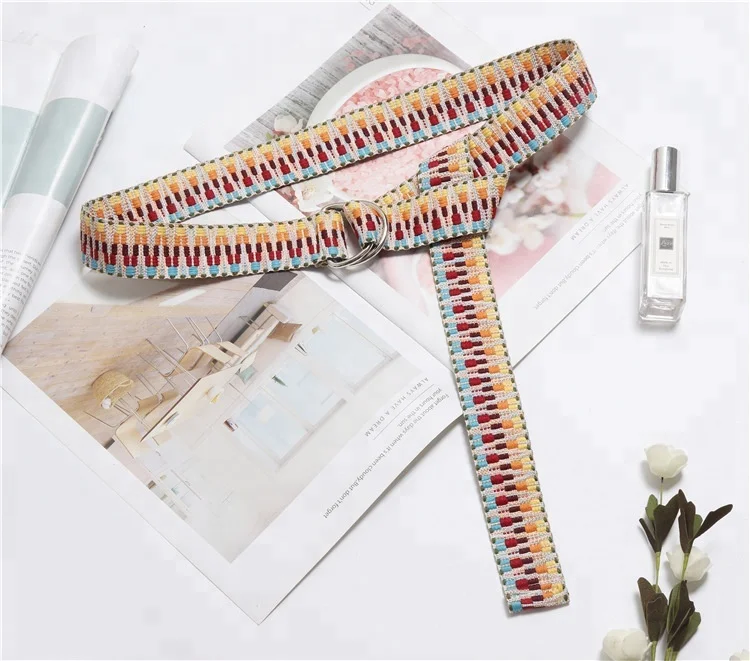 wholesale 2018 new fashion multi color ethnic canvas belts woven ladies long BF double ring belt women girdle