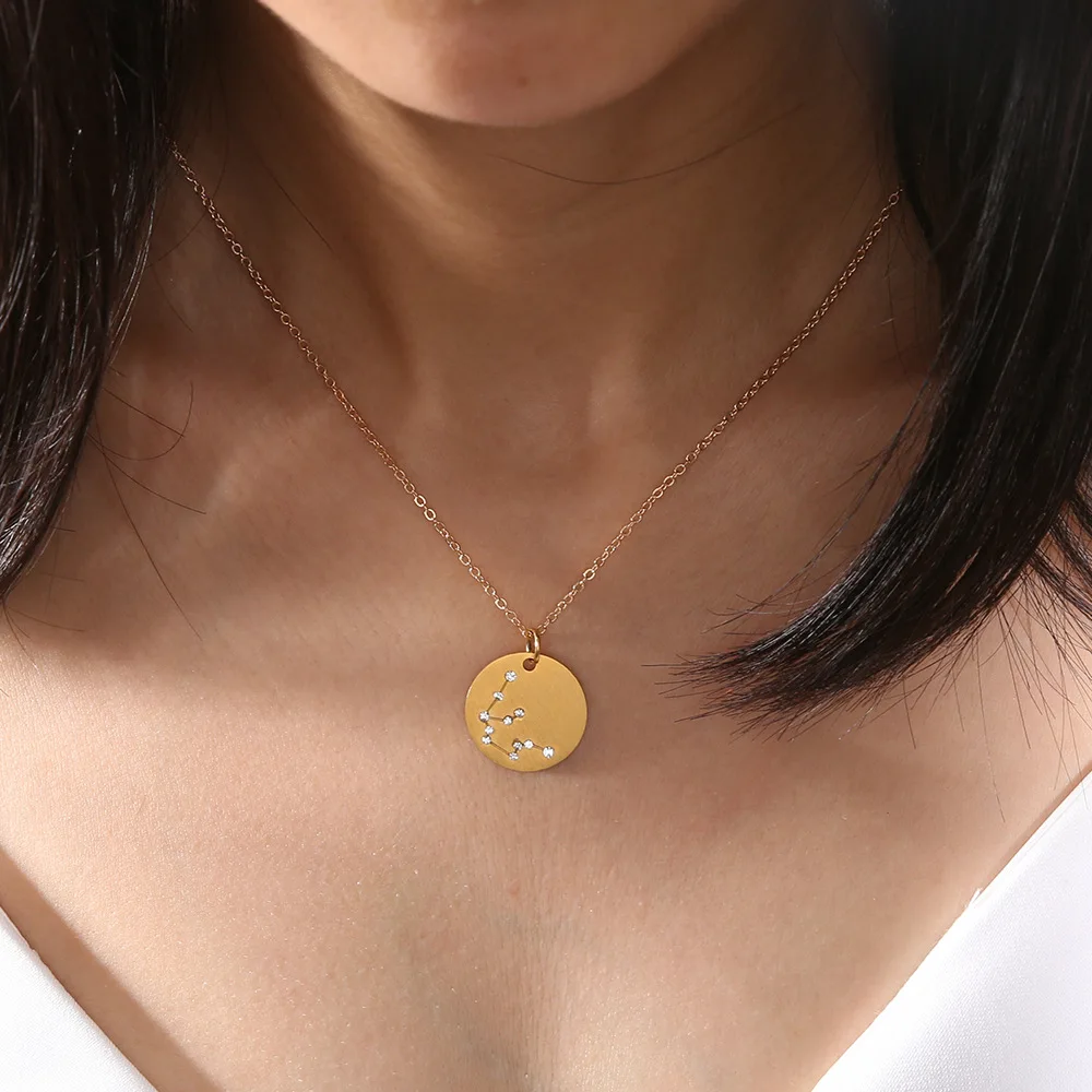 Longway Zodiac Necklace 12 signs Stainless Steel Gold Disc Pendant Necklaces For Birthday