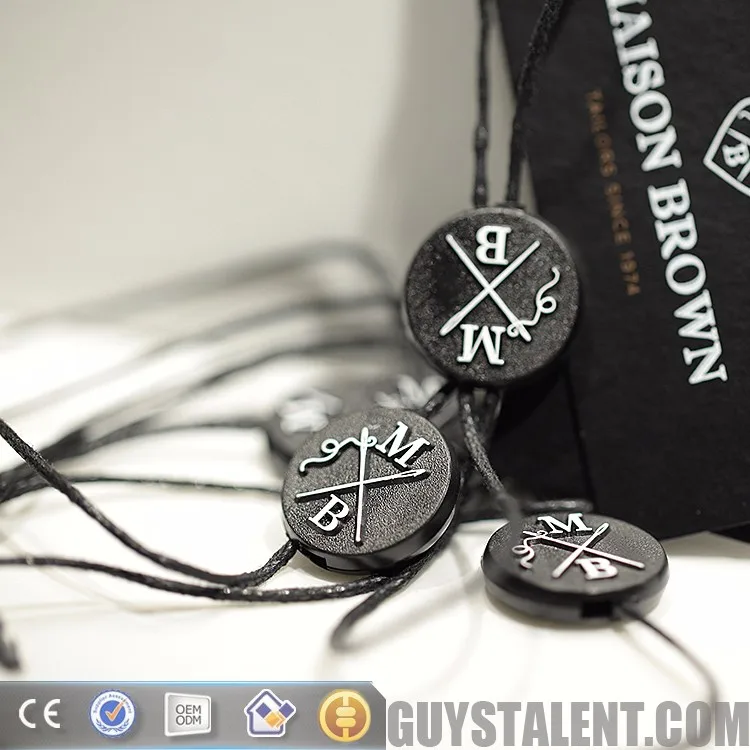 Custom unique design Embossed logo Garment hangtag plastic nylon loop colorful lock seal clothing swing tags string