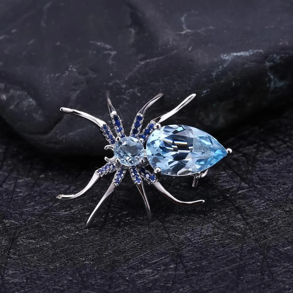 Abiding  Natural Sky Blue Topaz Spider Pendant Jewelry 925 Sterling Sliver Brooches For Women Dresses Brooch Vintage Pendant
