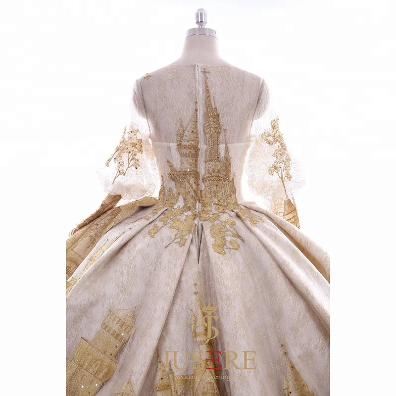 Charming Luxury Middle East Muslim Gold Ball Gown Castle Wedding Dresses Bridal Gown With Long Train in Turkey Dubai