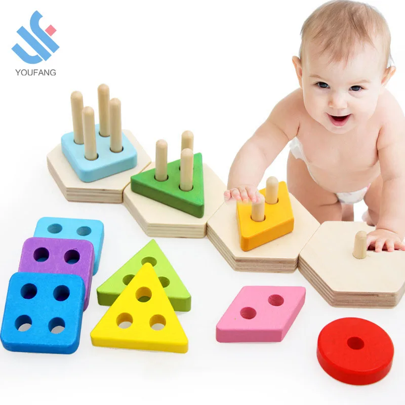 YF-Z6009 colorful wooden educational preschool toddler toys geometric shape color sorting puzzle stacking blocks toy